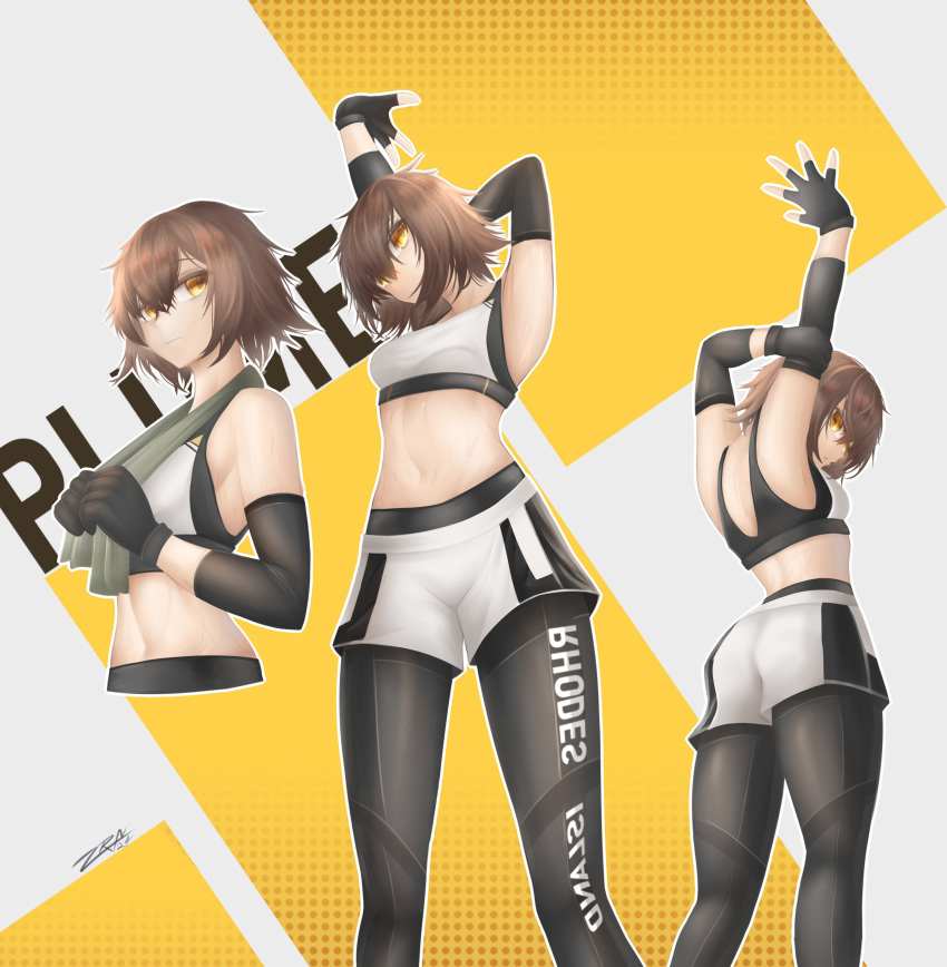 absurdres arknights bird_girl black_leggings bra brown_hair compression_sleeve exercising fingerless_gloves gloves highres leggings leggings_under_shorts midriff plume_(arknights) plume_(easy_time)_(arknights) sports_bra underwear white_bra white_sports_bra zaronriot