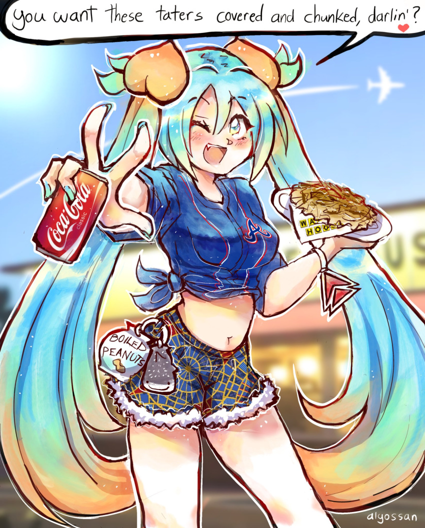 aircraft airplane alyossan aqua_hair aqua_nails artist_name blue_shirt blurry blurry_background blush can coca-cola cowboy_shot english_text female food food-themed_hair_ornament georgia_(state) gradient_hair green_hair hair_ornament hatsune_miku heart highres holding holding_can holding_plate long_hair midriff multicolored_hair navel one_eye_closed orange_hair outline peach_hair_ornament plate print_shirt print_shorts shirt shorts solo speech_bubble tied_shirt united_states very_long_hair vocaloid waffle waffle_house white_outline worldwide_miku