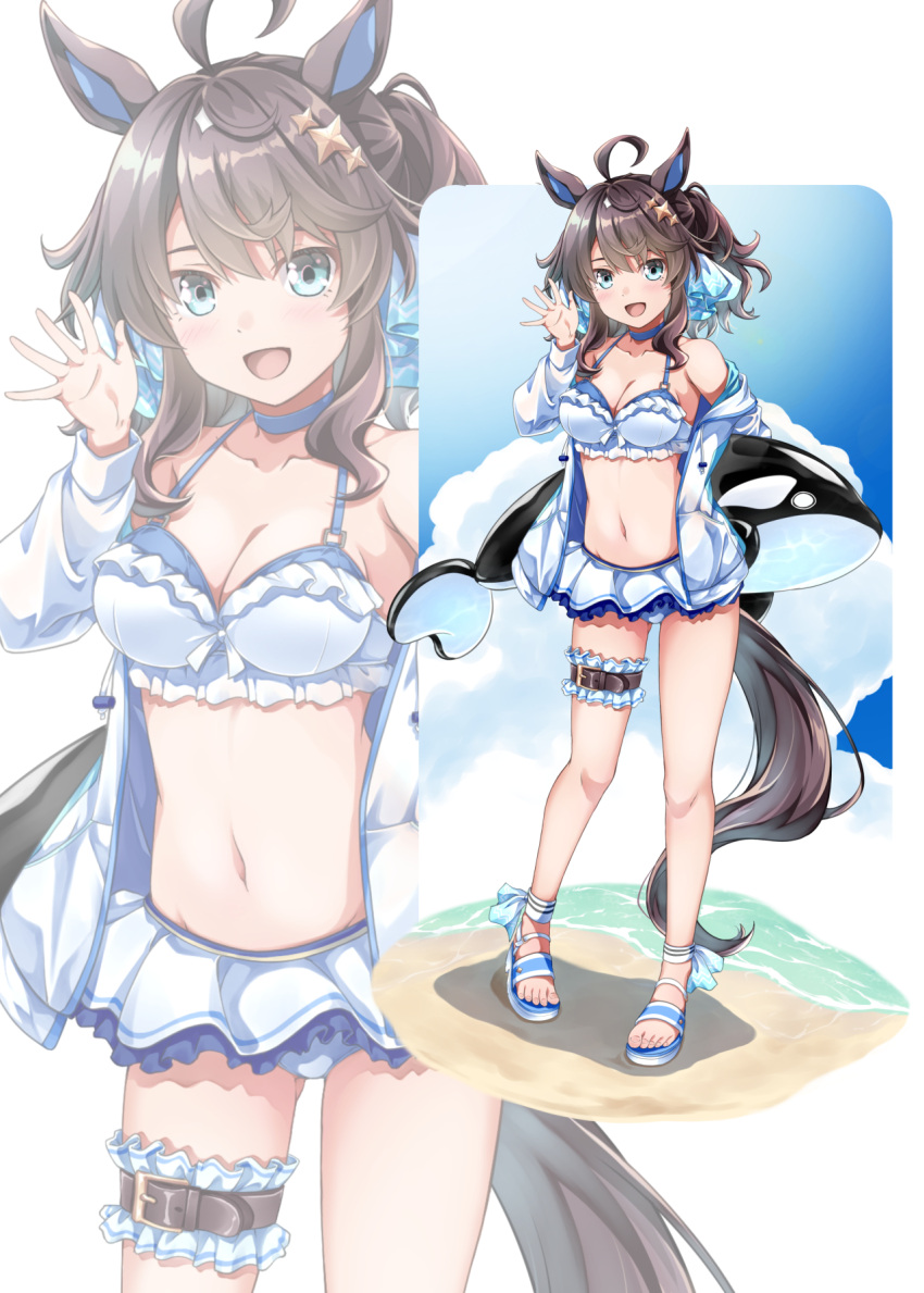 ahoge alternate_costume animal_ears beach blue_eyes blush breasts cleavage collarbone commentary_request daring_tact_(umamusume) female full_body highres horse_ears horse_girl jacket looking_at_viewer medium_breasts medium_hair ocean sandals sinosinof solo swimsuit umamusume