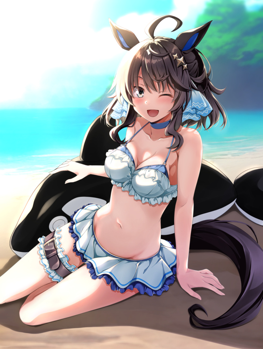 ahoge animal_ears beach bikini blue_eyes blush breasts cleavage collarbone commentary_request daring_tact_(umamusume) female hair_ornament highres horse_ears horse_girl looking_at_viewer lying medium_breasts navel ocean one_eye_closed sinosinof sky star_(symbol) star_hair_ornament swimsuit umamusume water