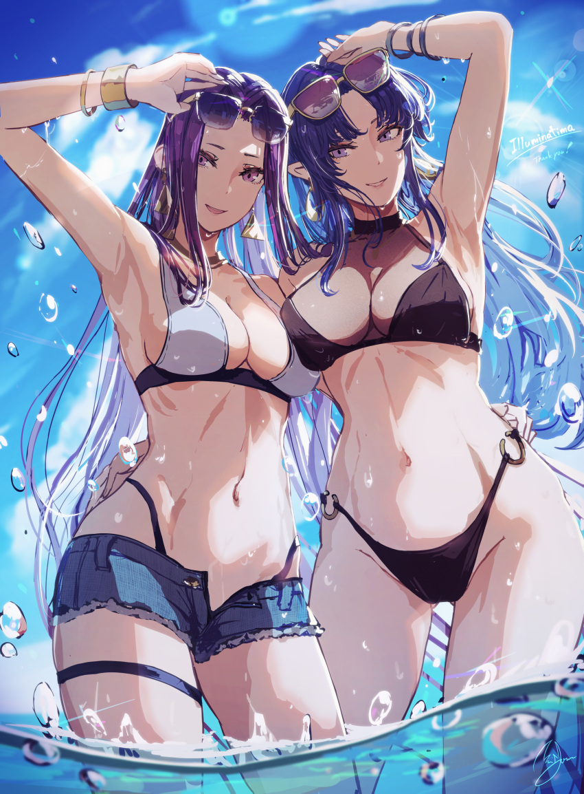 2girls absurdres arm_around_waist arm_up armpits ass_visible_through_thighs bikini blue_eyes blue_hair bracelet breasts cleavage commission cowboy_shot denim denim_shorts earrings eyewear_on_head fate/grand_order fate/stay_night fate_(series) groin hand_on_another's_waist hand_on_own_head highleg highleg_bikini highres jewelry large_breasts long_hair looking_at_viewer medea_(fate) medium_breasts medusa_(fate) medusa_(rider)_(fate) minyom multiple_girls navel o-ring o-ring_bikini ocean open_fly parted_lips partially_underwater_shot pointy_ears purple_eyes purple_hair second-party_source short_shorts shorts sidelocks signature skeb_commission smile standing sunglasses swimsuit thigh_strap very_long_hair wading water wet