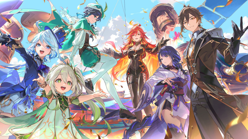 2boys 4girls absurdres black_bodysuit black_gloves blonde_hair blue_eyes blue_hair blue_jacket bodysuit braid bright_pupils colored_inner_hair cross-shaped_pupils dress drop-shaped_pupils dsmile floating_hair furina_(genshin_impact) genshin_impact gloves gradient_hair green_eyes green_hair grey_hair hair_between_eyes heterochromia highres jacket japanese_clothes kimono long_hair long_sleeves looking_at_viewer mavuika_(genshin_impact) multicolored_hair multiple_boys multiple_girls nahida_(genshin_impact) obi open_mouth outdoors purple_eyes purple_hair purple_kimono purple_thighhighs raiden_shogun red_eyes red_hair sash side_ponytail smile symbol-shaped_pupils thighhighs white_dress white_pupils wide_sleeves zhongli_(genshin_impact)