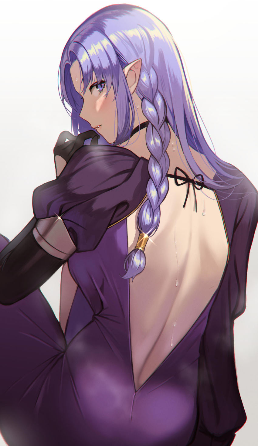 absurdres ass back backless_dress backless_outfit black_gloves braid choker commentary deras dress english_commentary fate/grand_order fate/stay_night fate_(series) female from_behind gloves highres long_hair looking_at_viewer looking_back medea_(fate) pointy_ears purple_dress purple_eyes second-party_source side_braid sitting solo sweat white_background