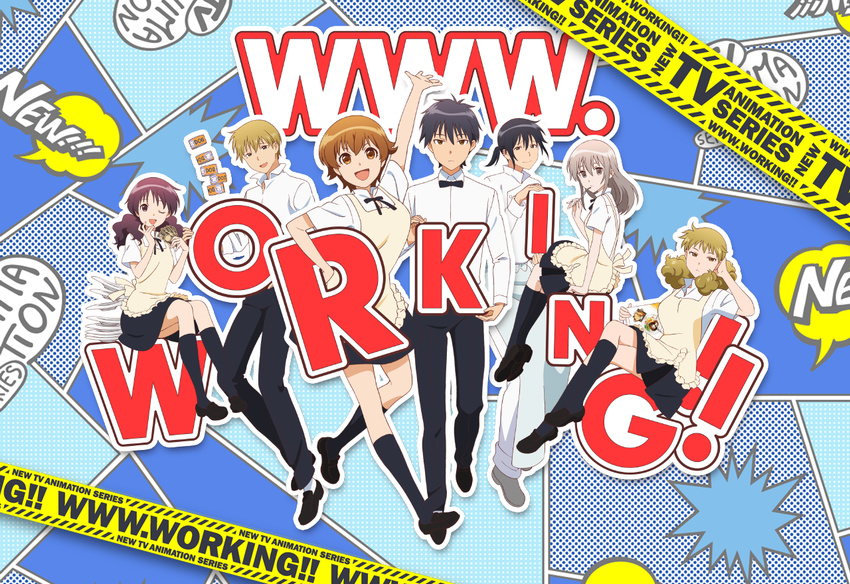 3boys 4girls adachi_masahiro apron black_hair brown_hair eyebrows fork higashida_daisuke kamakura_shiho kondou_kisaki long_hair miyakoshi_hana multiple_boys multiple_girls muranushi_sayuri official_art official_wallpaper ponytail shindou_yuuta short_hair waitress working!! working!!_(web_manga)