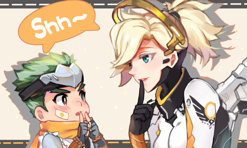 1boy aged_down bandaid bandaid_on_cheek bandaid_on_face bodysuit breasts brown_eyes commentary_request emblem female finger_to_mouth fingerless_gloves forehead_protector genji_(overwatch) gloves green_hair halo high_ponytail japanese_clothes lolicon looking_at_another mechanical_halo mechanical_wings medium_breasts medium_hair mercy_(overwatch) nose overwatch overwatch_1 parted_lips patch pink_lips scarf shadow short_hair shushing speech_bubble upper_body white_bodysuit wings young_genji zonana