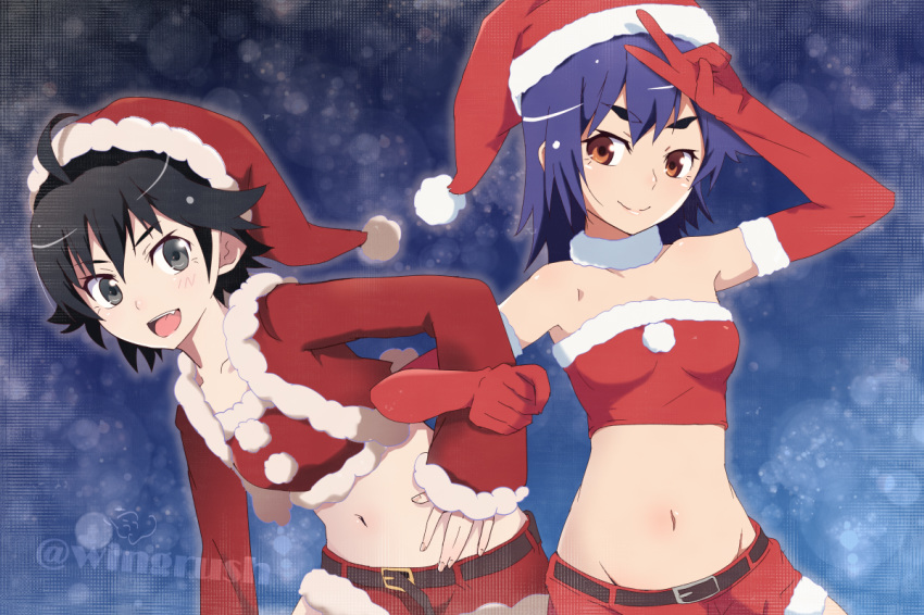 2girls :d ahoge araragi_karen bakemonogatari bare_shoulders belt black_eyes black_hair blue_hair brown_eyes commentary crop_top elbow_gloves fooring fur-trimmed_gloves fur-trimmed_headwear fur-trimmed_jacket fur_trim gloves hat jacket kanbaru_suruga locked_arms long_hair looking_at_viewer midriff monogatari_(series) multiple_girls navel oerba_yun_fang open_mouth pom_pom_(clothes) red_eyes red_hat red_jacket santa_costume santa_hat short_hair smile strapless tube_top twitter_username v