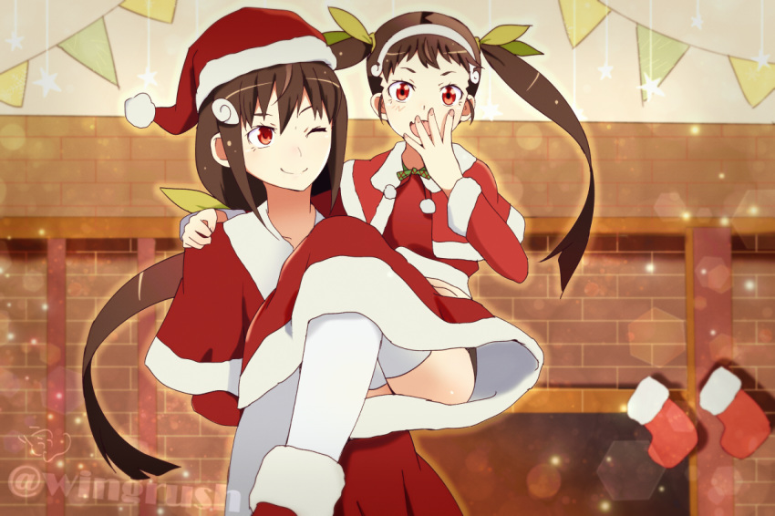 2girls :d ;) bakemonogatari brick_wall brown_hair capelet carrying commentary covering_own_mouth dual_persona fooring fur-trimmed_capelet fur-trimmed_headwear fur-trimmed_skirt fur_trim green_ribbons hachikuji_mayoi hair_ribbon hairband hand_over_own_mouth hat indoors kabukimonogatari long_hair monogatari_(series) multiple_girls oerba_yun_fang one_eye_closed open_mouth pom_pom_(clothes) red_capelet red_eyes red_hat red_skirt ribbon santa_costume santa_hat skirt smile thighhighs time_paradox twintails twitter_username white_legwear