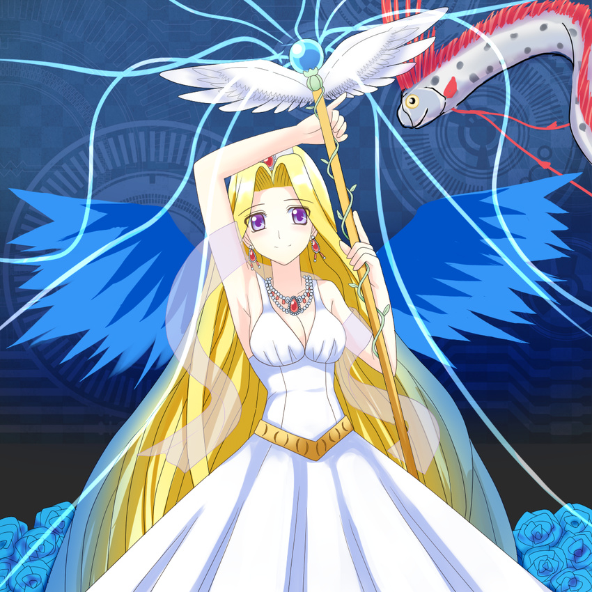 aqua_regina blonde_hair blue_flower blue_rose breasts cleavage commentary_request crown dress earrings feathered_wings female fish flower highres jewelry large_breasts leaf long_hair mermaid_melody_pichi_pichi_pitch miru necklace oarfish purple_eyes rose sleeveless sleeveless_dress smile solo staff very_long_hair white_dress wings