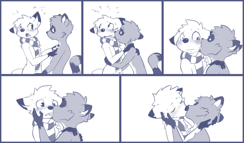 8chan anthro blue_and_white blush closed_eyes digital_drawing_(artwork) digital_media_(artwork) dipstick_ears duo ear_markings hesitant hi_res hug kiss_on_lips kissing kissing_cheek male male/male mammal markings monochrome multicolored_ears nate_(8chan) nervous open_mouth procyonid raccoon ring_(marking) ringed_tail romantic scarf sequence shy standing striped_markings striped_tail stripes tail tail_markings twang