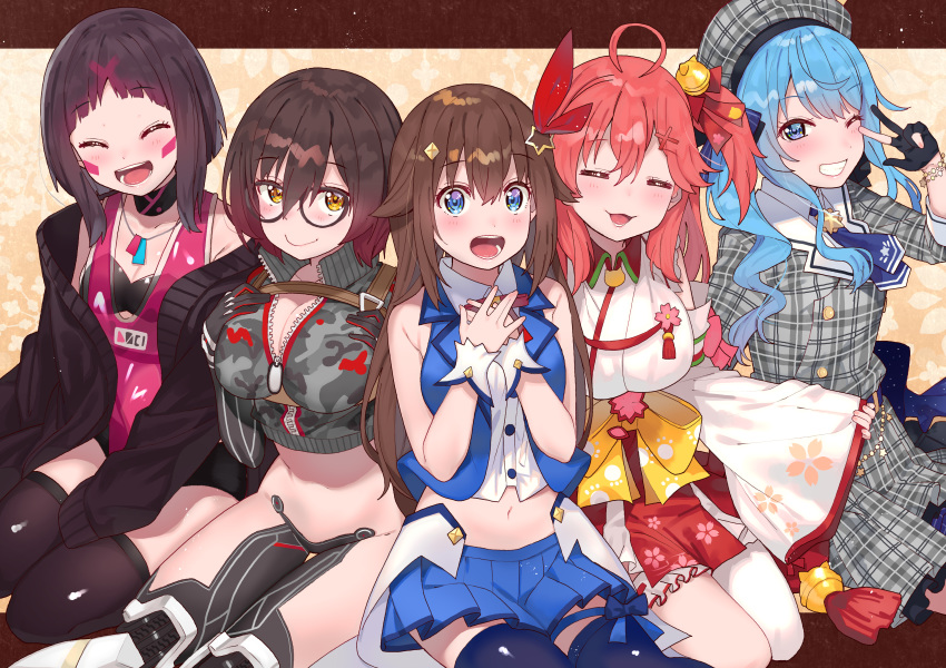 0th_generation_(hololive) 5girls :3 absurdres ahoge azki_(2nd_costume)_(hololive) azki_(hololive) bandeau bare_shoulders black-framed_eyewear black_bandeau black_coat black_shorts black_thighhighs black_tube_top blue_eyes blue_hair blue_skirt blue_thighhighs breasts brown_hair buttons cherry_blossom_print cleavage closed_eyes coat commentary crop_top floral_print glasses gloves hair_between_eyes hair_ornament hairclip hands_on_own_chest highleg highres hololive hoshimachi_suisei hoshimachi_suisei_(1st_costume) jewelry long_hair midriff miniskirt multiple_girls navel necklace necktie off_shoulder one_eye_closed open_clothes open_coat open_mouth partially_fingerless_gloves pink_hair revealing_clothes roboco-san roboco-san_(1st_costume) sakura_miko sakura_miko_(1st_costume) see-through see-through_midriff shorts sitting skirt stomach strapless thighhighs tokino_sora tokino_sora_(1st_costume) tonarikeru tube_top virtual_youtuber w x_hair_ornament yellow_eyes