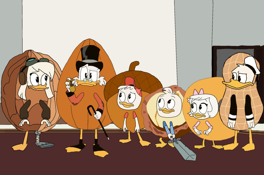 acorn anatid anseriform anthro avian bird clothed clothing della_duck detailed_background dewey_duck disney donald_duck drupe_(fruit) duck ducktales female food food_costume fruit group hat headgear headwear hi_res holding_object huey_duck kigtoons legume male nut_(fruit) peanut_(food) plant scrooge_mcduck standing walnut webby_vanderquack