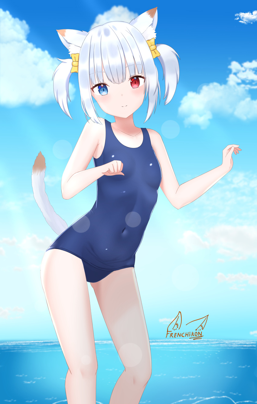 absurdres animal_ear_fluff animal_ears arisugawa_etona artist_logo bare_arms bare_legs bare_shoulders blue_eyes blue_one-piece_swimsuit blush breasts cat_ears cat_tail closed_mouth cloud cloudy_sky collarbone covered_navel day facing_viewer female frenchi_yuzuriha hair_ribbon heterochromia highres indie_virtual_youtuber looking_at_viewer ocean one-piece_swimsuit outdoors paw_pose red_eyes ribbon school_swimsuit short_hair signature sky small_breasts smile stomach swimsuit tail tail_raised two_side_up variant_set virtual_youtuber water white_hair yellow_ribbon