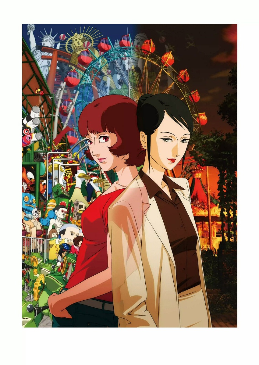 amusement_park anatomical_model artbook back-to-back bird black_hair border brown_eyes buddha chiba_atsuko cowboy_shot doll dual_persona duck earrings fading ferris_wheel formal freckles frog grey_eyes hair_bun highres jewelry kon_satoshi lipstick makeup official_art paprika paprika_(character) red_hair red_shirt robot shirt short_hair sidelocks single_hair_bun smile statue_of_liberty suit t-shirt transparent white_border