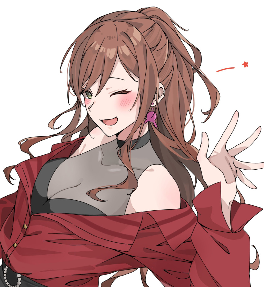 bang_dream! black_shirt blush breasts brown_hair cleavage collaboration commentary_request covered_collarbone dress_shirt earrings female green_eyes hand_up highres imai_lisa jewelry large_breasts long_hair long_sleeves looking_at_viewer nanami_(nunnun_0410) necklace one_eye_closed open_clothes open_mouth open_shirt red_shirt see-through see-through_cleavage shirt sidelocks simple_background solo sou_(kanade_3344) upper_body white_background