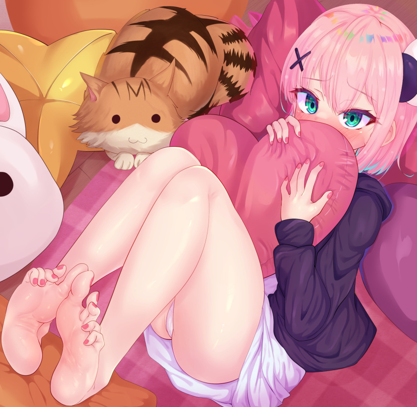 :3 bare_legs barefoot black_hoodie blush bob_cut chiyoda_momo commentary_request covered_mouth dutch_angle embarrassed feet feline female full_body green_eyes hair_ornament heart heart-shaped_pillow highres hood hoodie hugging_object legs legs_together long_hair looking_at_viewer lying machikado_mazoku marsh753315 nail_polish nose_blush on_back on_bed panties panty_peek pillow pillow_hug pink_hair pink_nails shiny_skin short_hair skirt sleeves_past_wrists soles solo straight_hair thighs toenail_polish toenails tsurime underwear white_panties white_skirt x_hair_ornament