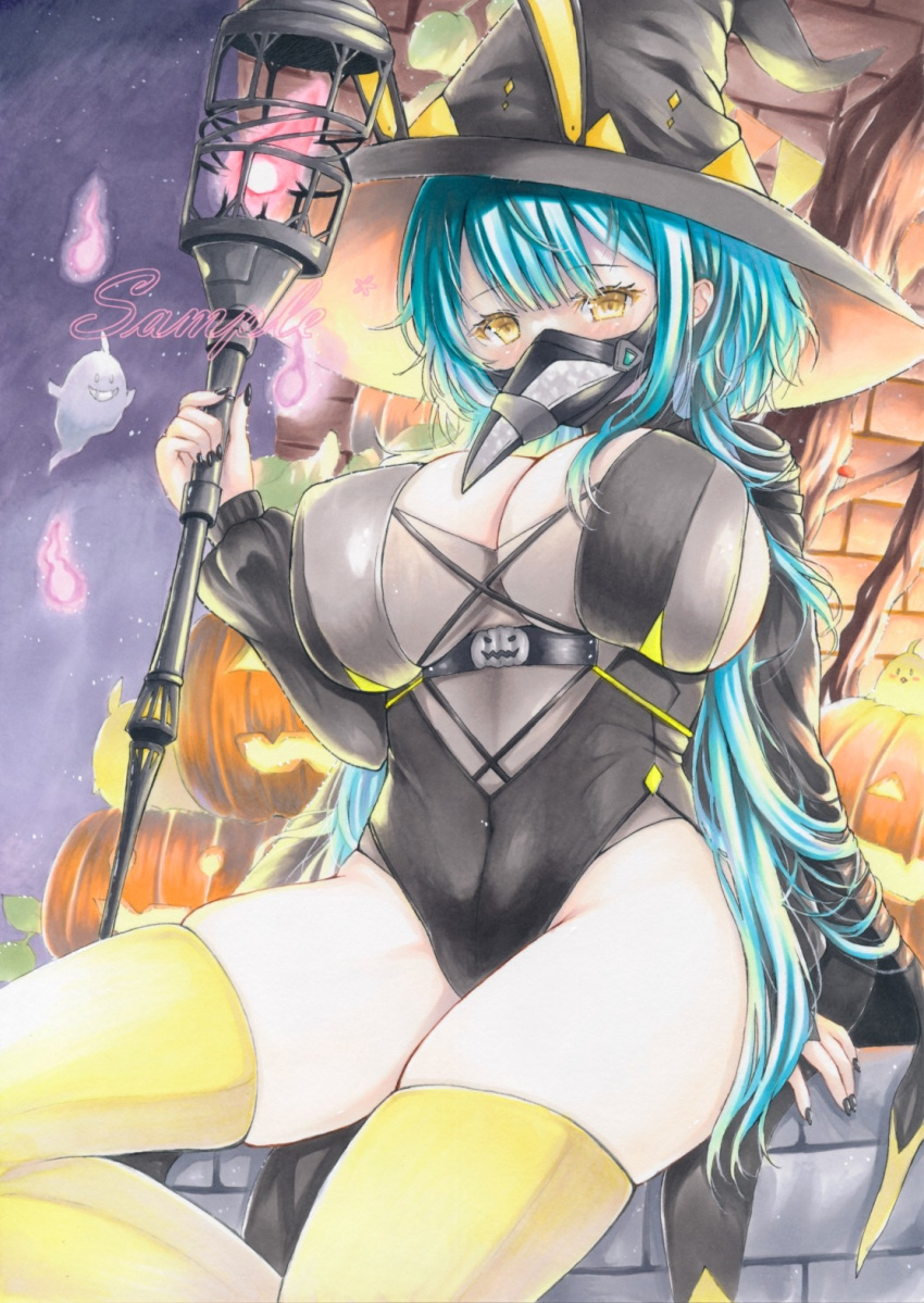 azur_lane black_leotard black_nails blue_hair boise_(azur_lane) boise_(castle_tales)_(azur_lane) breasts commentary_request covered_navel ears_through_headwear female ghost halloween halloween_costume hat highres holding holding_staff huge_breasts leotard looking_at_viewer marker_(medium) mechanical_ears nail_polish official_alternate_costume plague_doctor_mask pumpkin purplepencil sample_watermark sitting staff thighhighs traditional_media watermark witch_hat yellow_thighhighs