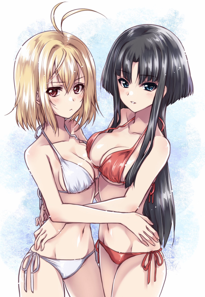 2girls angelise_ikaruga_misurugi antenna_hair bikini black_hair blonde_hair blush breast_press breasts cleavage closed_mouth commentary_request cross_ange frown halterneck highres hug kuroi_mimei long_hair looking_at_viewer medium_hair multiple_girls navel parted_lips red_bikini red_eyes salamandinay short_hair side-tie_bikini_bottom sidelocks smile standing straight_hair string_bikini swimsuit symmetrical_docking white_bikini