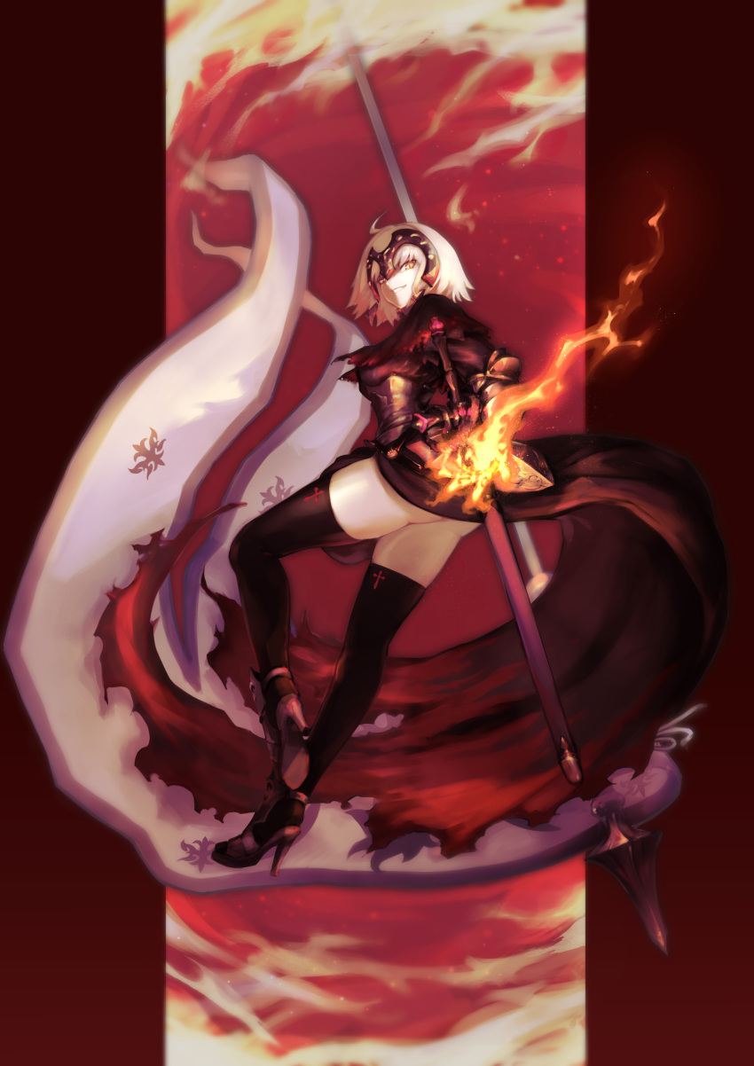 absurdres ahoge armor armored_dress ass black_thighhighs cape fate/grand_order fate_(series) female fire full_body fur-trimmed_cape fur_trim gauntlets grin headpiece high_heels highres jeanne_d'arc_alter_(avenger)_(fate) jeanne_d'arc_alter_(fate) kanbara_erika looking_at_viewer short_hair smile solo thighhighs white_hair yellow_eyes