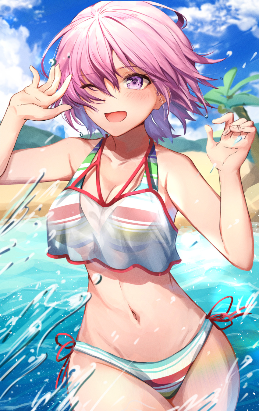 ;d alternate_costume beach bikini blue_sky blush breasts cleavage cloud collarbone commentary_request day fate/grand_order fate_(series) female fingernails hair_between_eyes herigaru_(fvgyvr000) highres looking_away mash_kyrielight mash_kyrielight_(swimsuit_of_perpetual_summer_ver.02) medium_breasts multicolored_bikini multicolored_clothes multicolored_swimsuit navel official_alternate_costume one_eye_closed open_mouth outdoors palm_tree pink_hair purple_eyes sand see-through short_hair sky smile solo striped_bikini striped_clothes swimsuit tree wading water