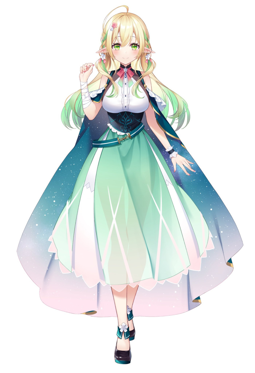 ahoge ankle_cuffs ankle_flower arm_at_side bandaged_arm bandages bare_shoulders belt black_footwear blonde_hair braid breasts cape closed_mouth dress female flower frills full_body gradient_hair green_eyes green_hair hair_flower hair_ornament hand_up highres jewelry kisaragi_yuri loafers long_hair long_skirt looking_at_viewer loose_belt medium_breasts multicolored_hair nail_polish neck_ribbon official_art pendant pink_flower pink_nails pink_ribbon pointy_ears ribbon saohime_yue second-party_source see-through see-through_silhouette see-through_skirt shirt shoes side_braid simple_background single_wrist_cuff skirt smile solo standing starry_sky_print underbust virtual_youtuber wactor_production white_background white_flower white_shirt wrist_cuffs