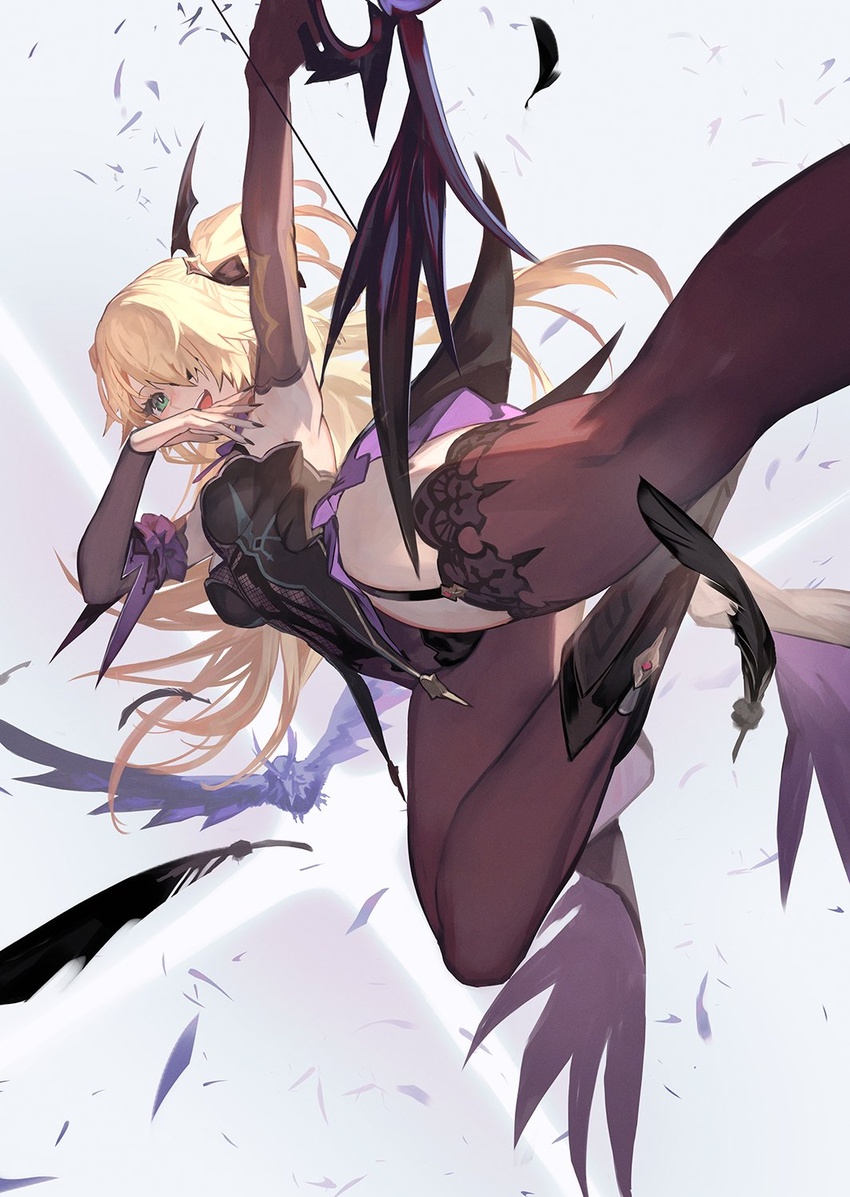 bird black_dress black_footwear black_nails blonde_hair boots bow_(weapon) breasts brown_pantyhose brown_thighhighs crow detached_sleeves disco dress eyepatch feathers female fischl_(genshin_impact) garter_straps genshin_impact green_eyes highres holding holding_bow_(weapon) holding_weapon lack long_hair open_mouth outstretched_arm oz_(genshin_impact) pantyhose single_leg_pantyhose single_thighhigh sleeveless sleeveless_dress small_breasts smile solo thighhighs weapon