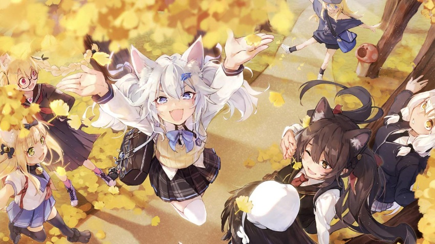 6+girls animal_ear_fluff animal_ears bad_link blonde_hair blue_hair brown_hair cat_ears cropped girls'_frontline glasses hat imoko_(imonatsuki) m500_(daydreaming_in_class)_(girls'_frontline) m500_(girls'_frontline) m590_(girls'_frontline) m590_(recreation_after_school)_(girls'_frontline) multiple_girls official_alternate_costume official_art pa-15_(girls'_frontline) pa-15_(high_school_thrills)_(girls'_frontline) promotional_art school_uniform serafuku sr-3mp_(commando_bunny)_(girls'_frontline) sr-3mp_(girls'_frontline) tail tmp_(girls'_frontline) tmp_(meow_prism_power)_(girls'_frontline) type_95_(girls'_frontline) type_95_(pure_white_graduation)_(girls'_frontline) type_97_(girls'_frontline) type_97_(late_for_school)_(girls'_frontline) white_hair