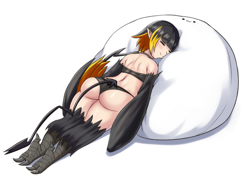 :3 =_= animal_feet ass bean_bag_chair black_hair blonde_hair blunt_bangs closed_eyes commentary commission english_commentary female full_body harpy huge_ass low_ponytail lying monster_girl monster_girl_encyclopedia multicolored_hair nav_(itsnav) on_stomach orange_hair pointy_ears shoulder_blades simple_background smile solo tail thick_thighs thighs thunderbird_(monster_girl_encyclopedia) white_background winged_arms wings