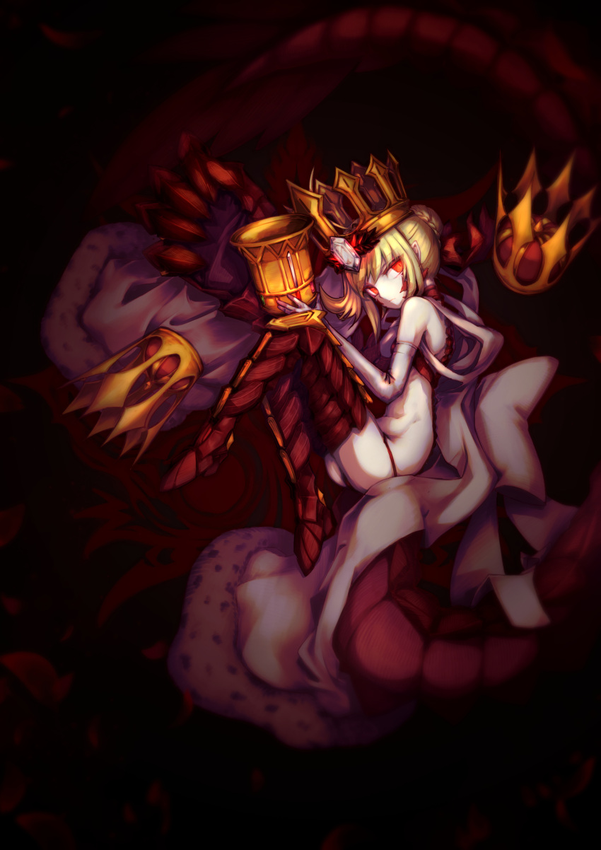 absurdres armored_legwear black_background blonde_hair boots braid braided_bun breasts crown dragon_claw dragon_tail expressionless fate/grand_order fate_(series) female full_body glowing glowing_eyes gold_crown hair_bun highres holy_grail_(fate) kanbara_erika looking_at_viewer nero_claudius_(fate) pointed_crown queen_draco_(fate) queen_draco_(second_ascension)_(fate) red_eyes robe small_breasts solo tail thigh_boots white_robe