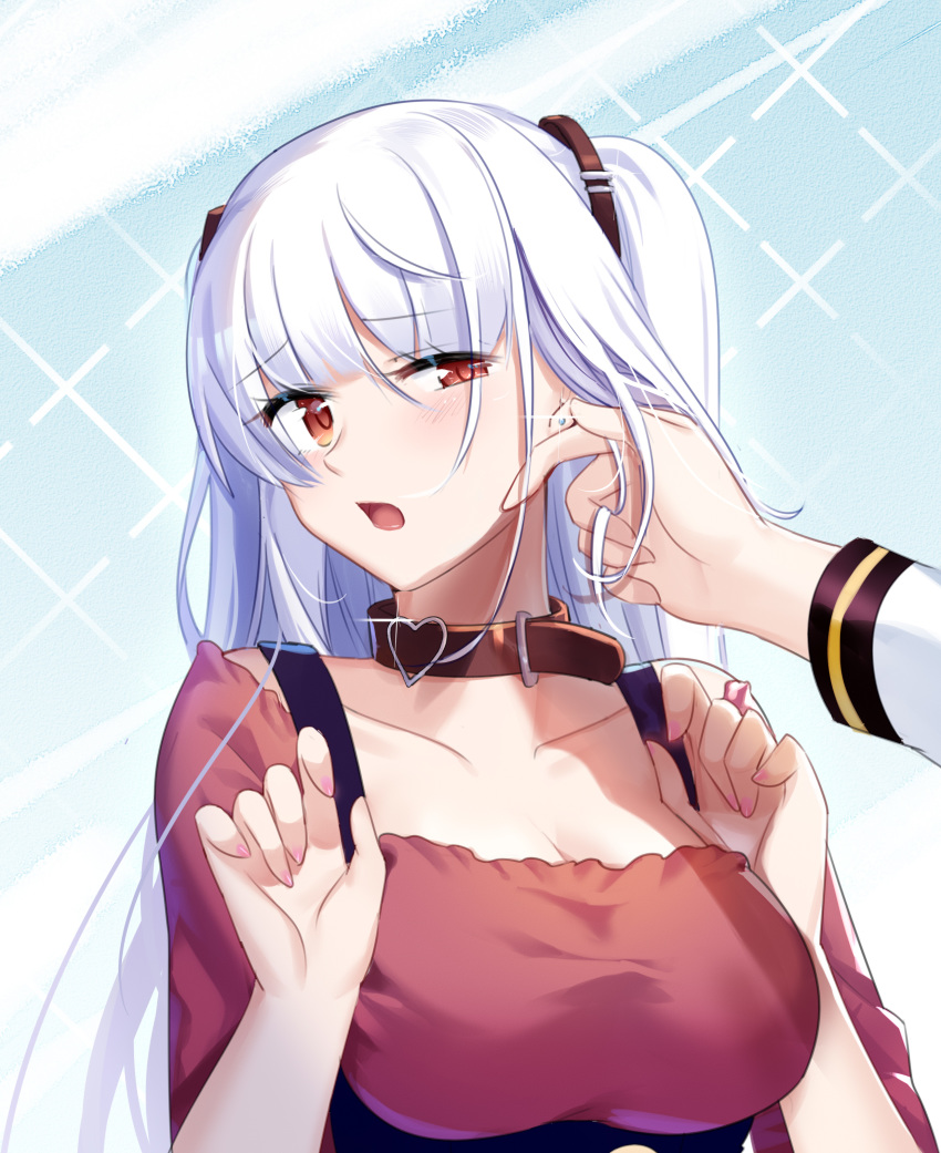 absurdres aer_(tengqiu) alternate_costume breasts chinese_commentary collar collarbone commentary_request earrings essex_(warship_girls_r) female highres jewelry large_breasts long_hair red_eyes red_shirt shirt short_sleeves solo_focus twintails upper_body warship_girls_r white_hair