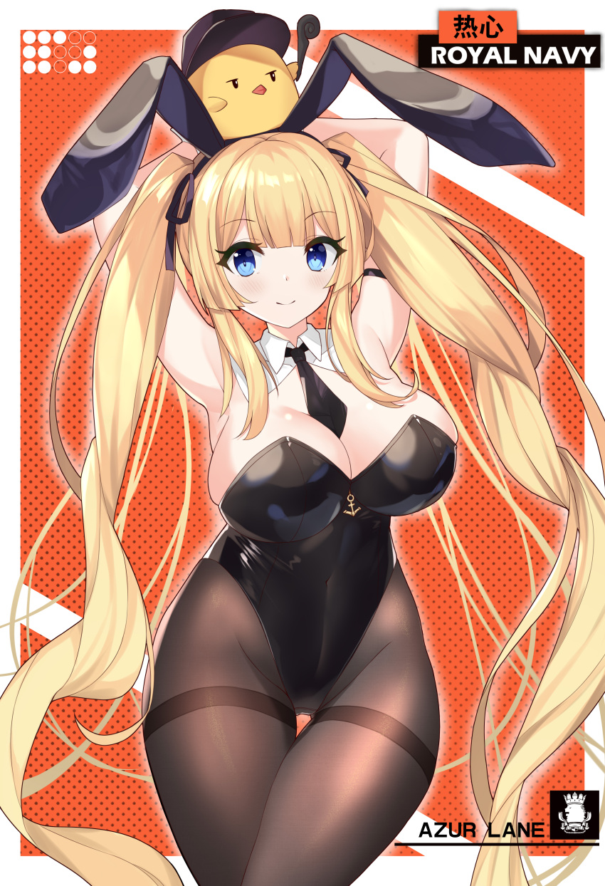 absurdres anchor_symbol animal_ears animal_on_head ardent_(azur_lane) ardent_(master_ardent?)_(azur_lane) azur_lane bird black_leotard black_necktie black_pantyhose blonde_hair blue_eyes breasts chick chinese_commentary cleavage commentary_request cowboy_shot creature_on_head detached_collar female highres jie_xian_(tsuki) large_breasts leotard long_hair looking_at_viewer manjuu_(azur_lane) necktie official_alternate_costume on_head pantyhose playboy_bunny rabbit_ears rabbit_tail royal_navy_emblem_(azur_lane) solo tail thigh_gap thighband_pantyhose twintails wrist_cuffs