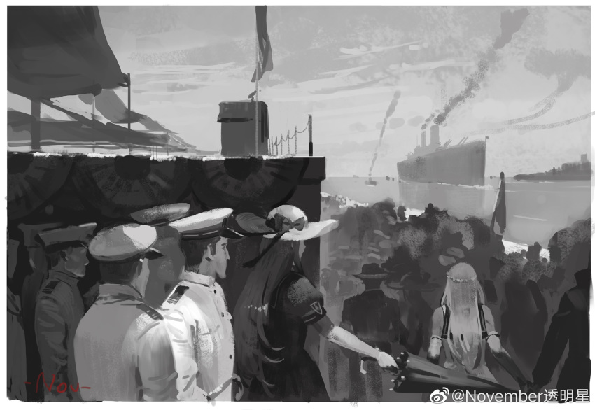 2girls 3boys chinese_commentary commentary_request dress elbow_gloves flag gloves hat head_wreath highres holding holding_umbrella iowa_(pacific) jeanex military military_uniform missouri_(pacific) monochrome multiple_boys multiple_girls pacific_(kancolle) peaked_cap people puffy_short_sleeves puffy_sleeves sailor_dress ship short_sleeves smoke sun_hat umbrella uniform watercraft weibo_watermark