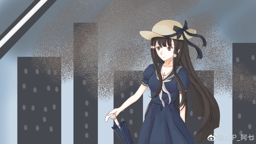 ajp_ahqi black_hair blue_dress brown_eyes chinese_commentary collarbone commentary cross cross_necklace dress female hat highres holding holding_umbrella iowa_(pacific) jewelry long_hair necklace pacific_(kancolle) puffy_short_sleeves puffy_sleeves sailor_dress short_sleeves sun_hat umbrella weibo_watermark white_headwear