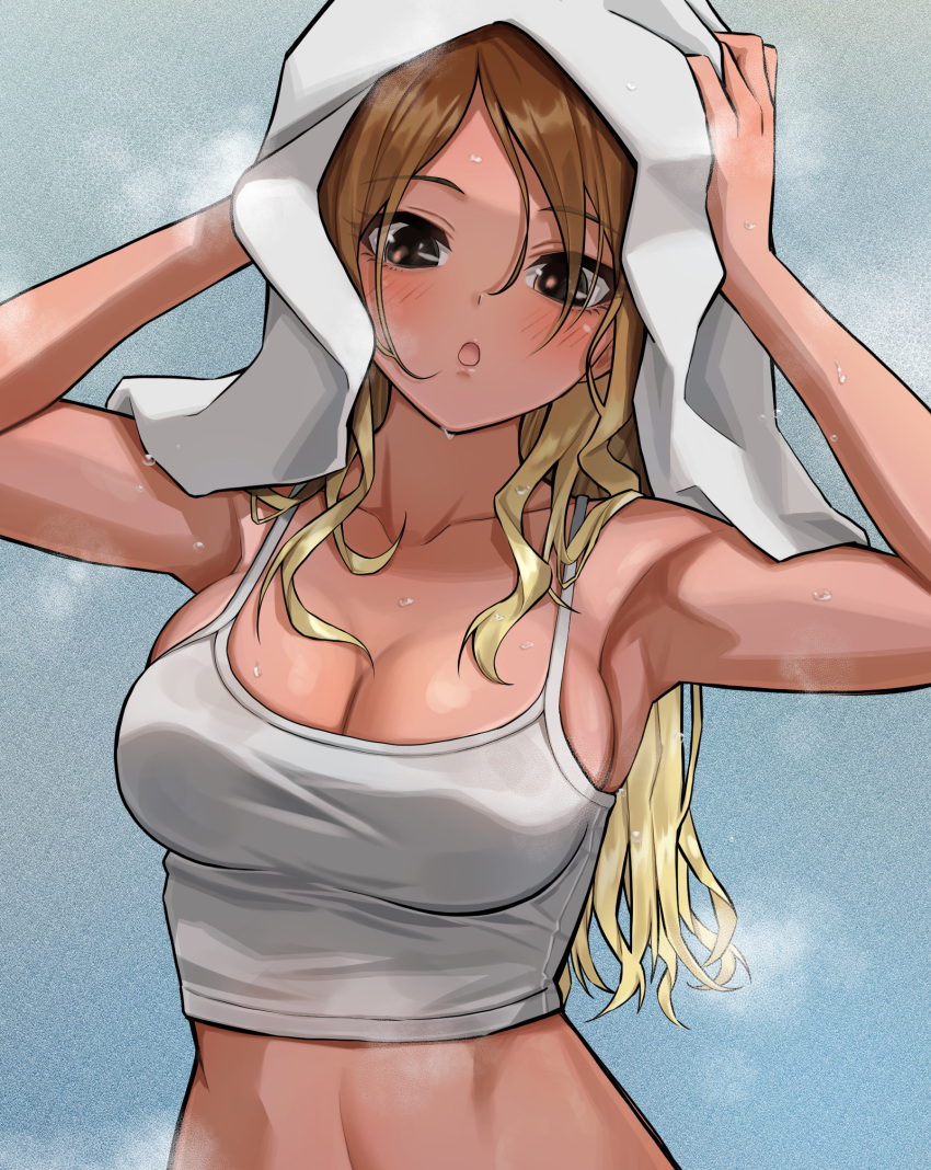 :o blonde_hair blush breasts brown_hair camisole cleavage crop_top daiko_(dai1974910) drying drying_hair female highres holding holding_towel idolmaster idolmaster_shiny_colors izumi_mei large_breasts long_hair looking_at_viewer solo tan towel wet wet_hair white_camisole