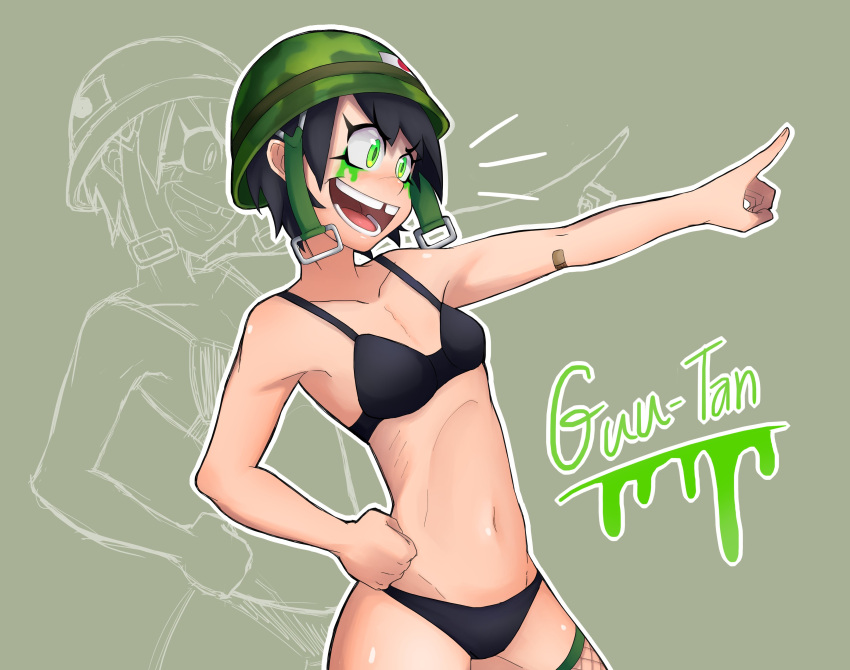 absurdres bandaid bandaid_on_arm black_bra black_hair black_pantyhose borrowed_character bra character_name commentary female fishnet_thighhighs fishnets flat_chest green_eyes green_theme gutterpink_(malu) hand_on_own_hip highres navel open_mouth original pantyhose pointing profile short_hair skinny smile solo thighhighs tooth_gap underwear