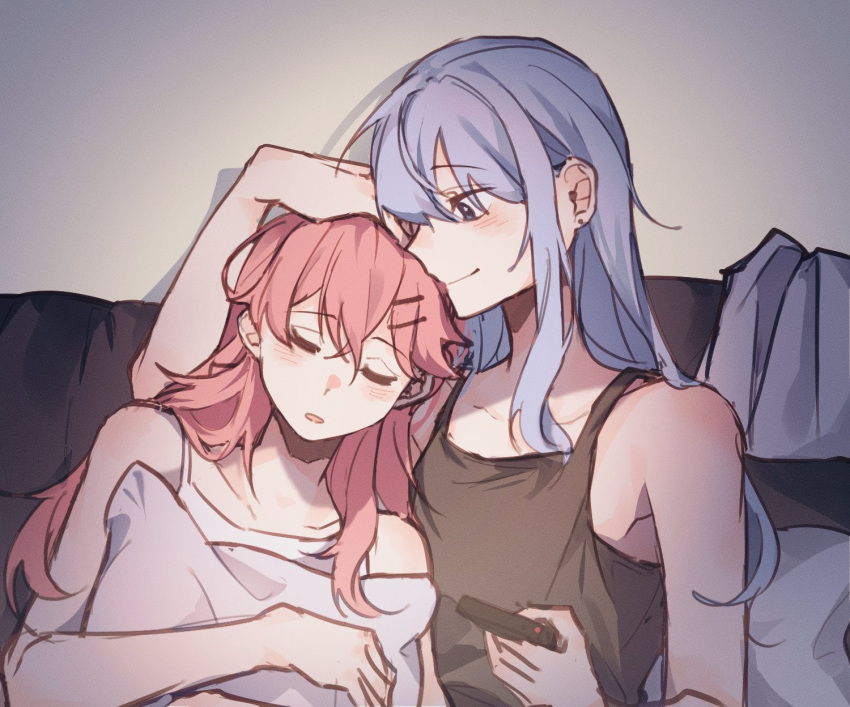 2girls bare_arms black_tank_top blue_eyes blue_hair blush camisole closed_eyes closed_mouth commentary_request controller couch cuddling hand_on_another's_head highres holding holding_remote_control hololive hoshimachi_suisei hugging_object long_hair looking_at_another multiple_girls on_couch parted_lips pillow pillow_hug pink_hair remote_control sakgi sakura_miko sitting sleeping smile tank_top virtual_youtuber white_camisole yuri