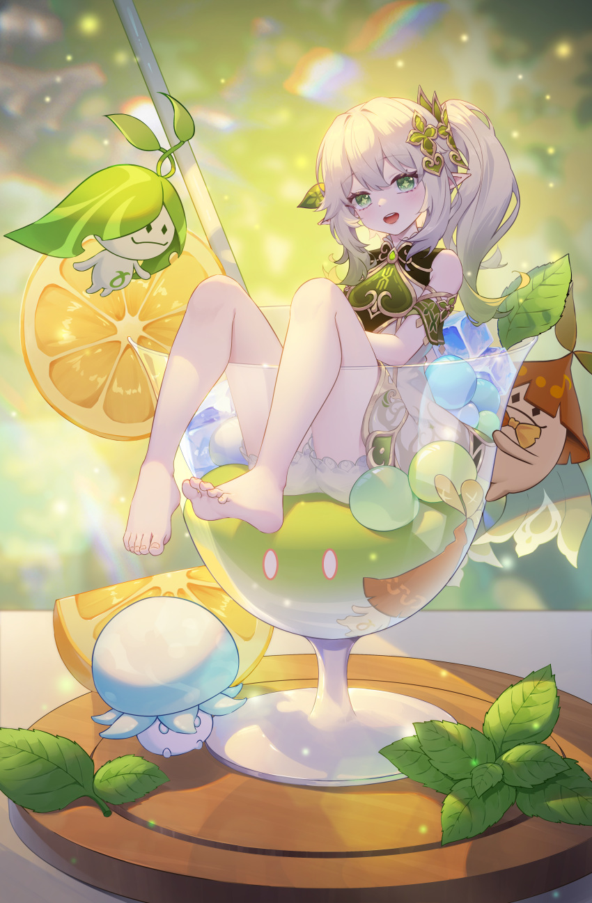 absurdres aranara_(genshin_impact) bare_shoulders barefoot bloomers chinese_commentary commentary_request cup detached_sleeves dress drinking_glass drinking_straw feet female food fruit full_body fungi_(genshin_impact) genshin_impact gold_trim gradient_hair green_eyes green_hair green_sleeves hair_between_eyes hair_ornament heiyizhushenxia highres in_container in_cup leaf_hair_ornament lemon lemon_slice long_hair looking_at_viewer mint multicolored_hair nahida_(genshin_impact) open_mouth pointy_ears side_ponytail sitting sleeveless sleeveless_dress slime_(genshin_impact) solo star-shaped_pupils star_(symbol) symbol-shaped_pupils teeth toenails toes upper_teeth_only white_bloomers white_dress white_hair