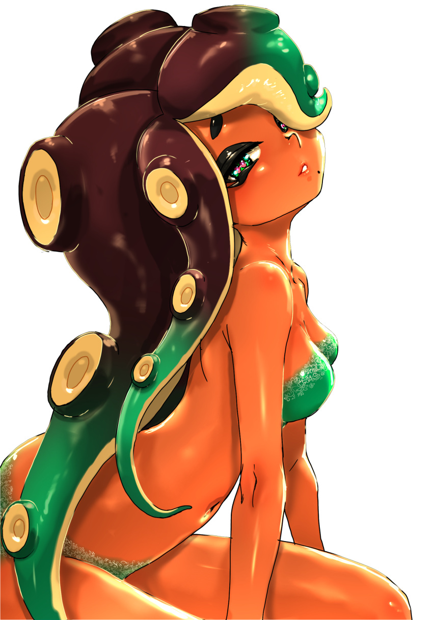 bra breasts brown_hair dark-skinned_female dark_skin female green_bra green_eyes green_hair green_panties hair_over_one_eye highres koharu2.5 lace-trimmed_bra lace-trimmed_panties lace_trim looking_at_viewer marina_(splatoon) medium_breasts mole mole_under_mouth multicolored_hair navel panties parted_lips pink_pupils sideways_glance simple_background splatoon_(series) strapless strapless_bra tentacle_hair underwear white_background