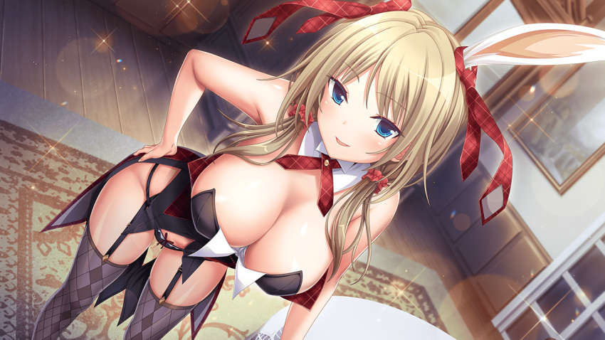 animal_ears argyle_clothes argyle_thighhighs bare_shoulders black_leotard black_panties black_thighhighs blonde_hair blue_eyes blurry blurry_background blush breasts cleavage deep_one_kyomu_to_mugen_no_fragment detached_collar dutch_angle eyelashes feet_out_of_frame female foreshortening game_cg garter_straps hair_ornament hair_scrunchie hand_on_own_hip hapymaher indoors koku large_breasts leaning_forward leotard long_hair looking_at_viewer low_twintails neck_ribbon necktie non-web_source official_art open_mouth panties parted_bangs plaid_ribbon playboy_bunny rabbit_ears rabbit_girl red_necktie red_ribbon red_scrunchie ribbon scrunchie seductive_smile shiny_skin smile solo sparkle standing strapless strapless_leotard thighhighs thighs tsurime twintails underwear yayoi_b_lutwidge