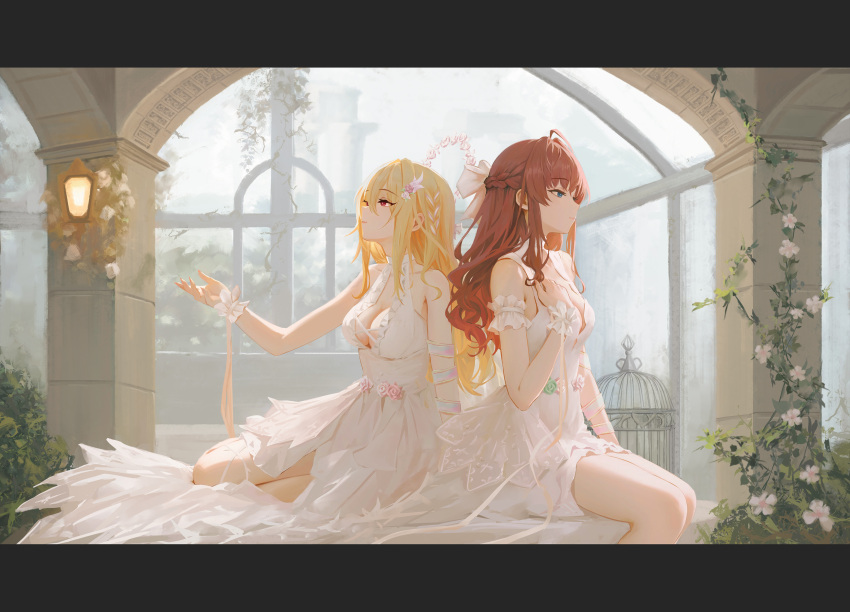 2girls absurdres ahoge armband bare_legs birdcage blonde_hair breasts brown_hair cage cleavage commentary_request dress feet_out_of_frame frilled_armband frilled_dress frilled_wristband frills half_up_braid halo highres ichinose_shiki idolmaster idolmaster_cinderella_girls kurosaki_chitose long_hair looking_ahead medium_breasts multiple_girls pillar qingli_ye sitting very_long_hair white_dress yokozuwari