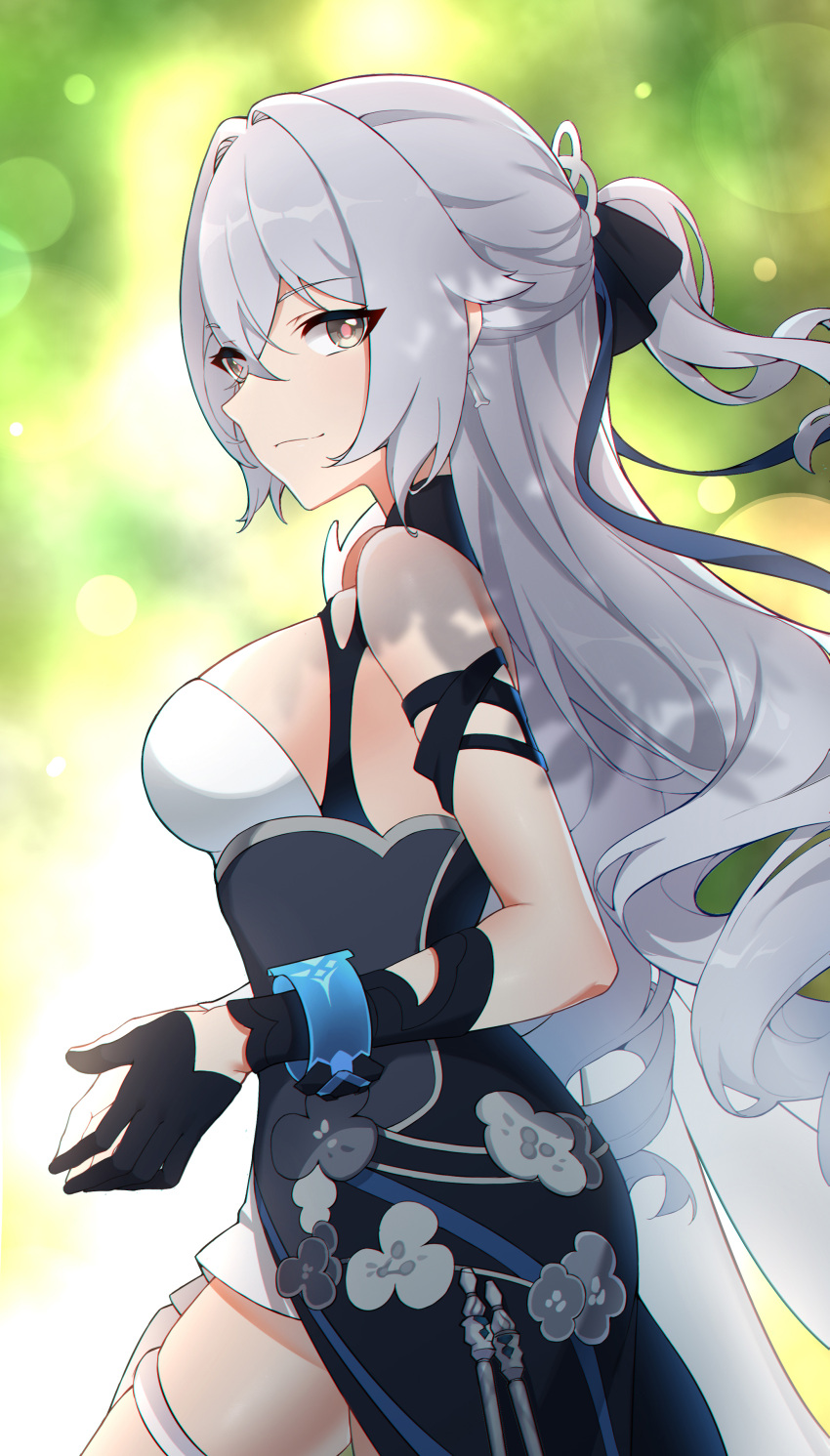 absurdres black_gloves blurry blurry_background breasts bronya_zaychik bronya_zaychik_(silverwing:_n-ex) closed_mouth dress drill_hair earrings female fool_xiaotian gloves grey_hair grey_shirt hair_ornament highres honkai_(series) honkai_impact_3rd jewelry large_breasts long_hair looking_at_viewer shirt solo twin_drills very_long_hair white_dress