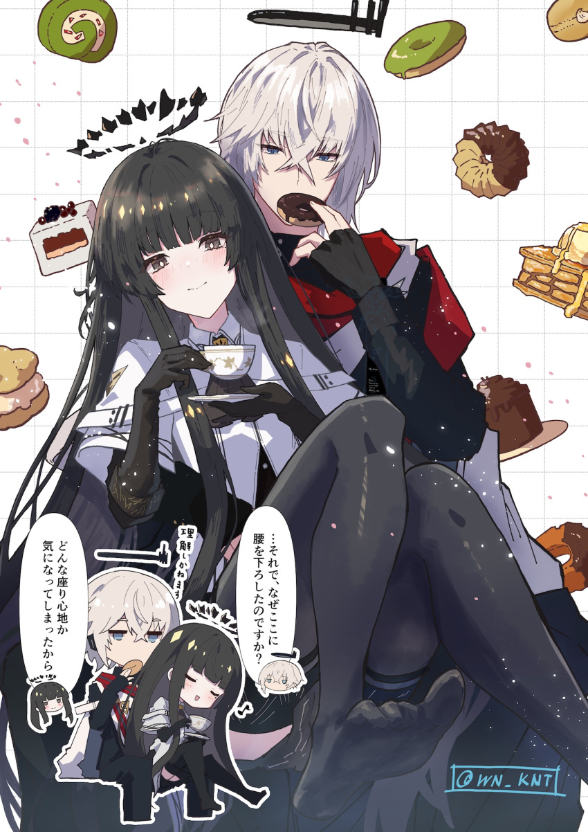 1boy arknights black_eyes black_gloves black_hair black_halo black_thighhighs blue_eyes blunt_bangs blush bright_pupils chibi closed_mouth collared_shirt commentary_request cowgirl_position crossed_bangs cup doughnut elbow_gloves executor_(arknights) feet female fingerless_gloves food gloves grid grid_background hair_between_eyes halo highres holding holding_food holding_saucer light_particles long_hair looking_at_viewer no_shoes partial_commentary saucer shirt short_hair sidelocks sitting smile soles speech_bubble teacup thighhighs toes translation_request twitter_username very_long_hair virtuosa_(arknights) white_background white_hair white_pupils white_shirt wn_(wani-noko)