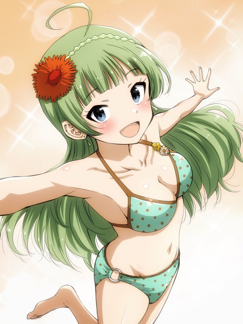 :d ahoge armpits bikini blue_eyes blunt_bangs blush braid breasts cleavage collarbone cowboy_shot dot_nose earrings eyelashes female flower from_above green_bikini green_hair groin hair_flower hair_ornament highres idolmaster idolmaster_million_live! idolmaster_million_live!_theater_days jewelry long_hair looking_at_viewer matcha_kingyo medium_breasts navel o-ring o-ring_bikini o-ring_bottom open_hand open_mouth outstretched_arms polka_dot polka_dot_bikini red_flower shimabara_elena sidelocks simple_background smile solo sparkle spread_arms straight_hair swimsuit