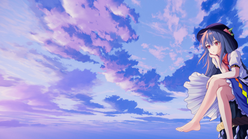 absurdres bare_legs barefoot black_hat blue_hair blue_skirt bow bowler_hat bowtie chunjiu cloud cloudy_sky collared_shirt crossed_bangs crossed_legs diamond_(shape) dusk female flower frilled_skirt frills gradient_sky hand_on_own_knee hat hat_flower head_rest highres hinanawi_tenshi long_hair looking_to_the_side puffy_short_sleeves puffy_sleeves rainbow_order red_bow red_bowtie red_eyes shirt short_sleeves sidelocks sitting skirt sky solo sunlight touhou white_shirt