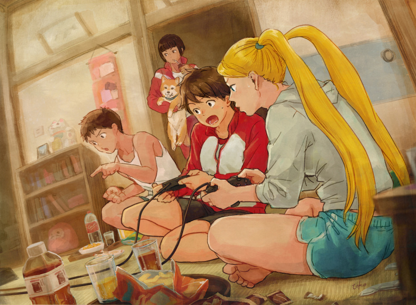 1boy 3girls animal animal_hug barefoot bike_shorts blue_shorts brother_and_sister brown_hair canine casual chips_(food) coca-cola commentary_request controller food game_controller gamepad hair_pulled_back hood hood_down hoodie indoors jacket juice_box kasugano_sakura kasugano_tsukushi long_hair multiple_girls photoshop_(medium) playing_games potato_chips rainbow_mika shiba_inu short_shorts shorts siblings soles street_fighter street_fighter_v sweatdrop tatami toes toko_(tokkotoritori) track_jacket twintails yamato_nadeshiko_(street_fighter)