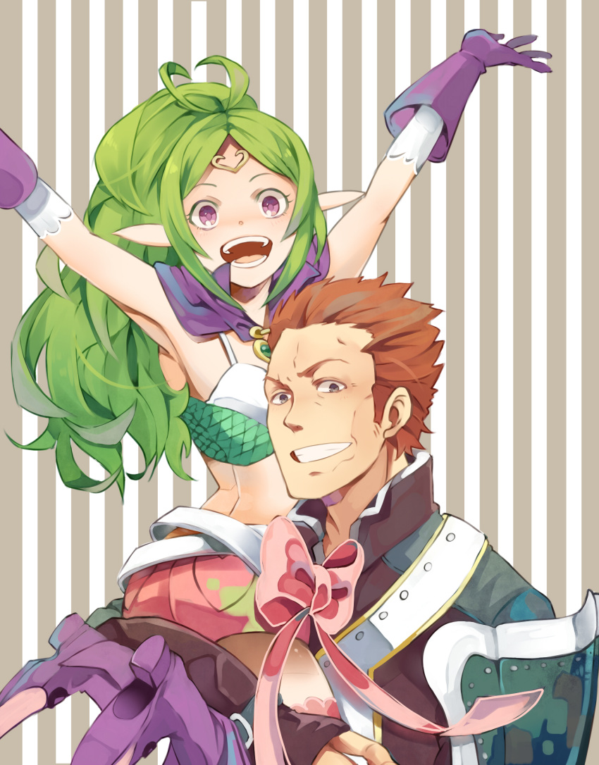 1boy armor armpits arms_up boots brown_eyes brown_hair carrying carrying_person commentary female fire_emblem fire_emblem_awakening gloves green_hair gregor_(fire_emblem) highres long_hair looking_at_viewer nowi_(fire_emblem) open_mouth pointy_ears ponytail purple_eyes purple_footwear purple_gloves short_hair shorts shoulder_armor smile teeth yachimata_1205