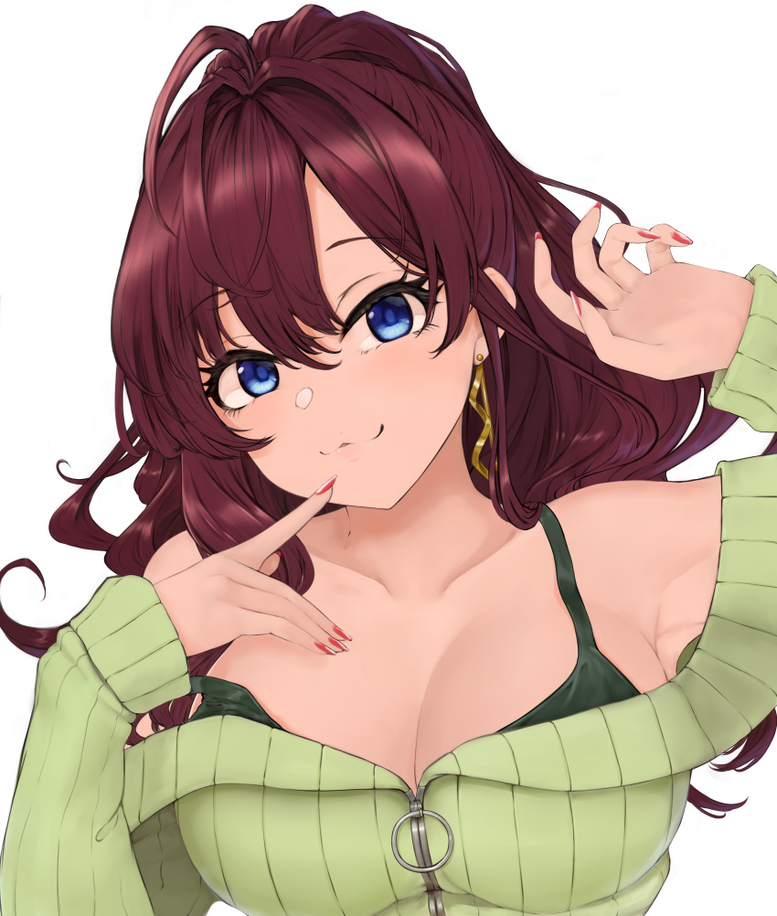 :3 absurdres ahoge bad_id bad_pixiv_id blue_eyes blush breasts brown_hair cleavage closed_mouth collarbone earrings female green_sweater green_tank_top highres ichinose_shiki idolmaster idolmaster_cinderella_girls jewelry lamp_p9 large_breasts lips long_hair long_sleeves looking_at_viewer off-shoulder_sweater off_shoulder red_nails ribbed_sweater smile solo strap_slip sweater tank_top wavy_hair zipper