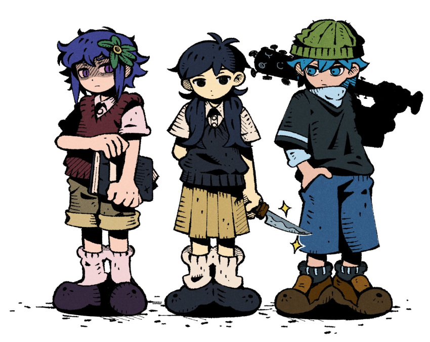 2boys 9twoeight aubrey_(faraway)_(omori) aubrey_(omori) basil_(faraway)_(omori) basil_(omori) black_eyes black_hair blue_eyes blue_hair book commentary_request female full_body genderswap_(ftm) genderswap_(mtf) highres knife looking_at_another messy_hair multiple_boys omori prototype_design purple_eyes purple_hair rule_63 shaded_face shoes short_sleeves shorts simple_background skirt sneakers socks spiked_bat sunny_(omori) sweater_vest twintails white_background