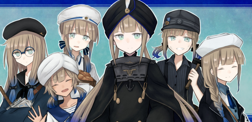 1boy 5others absurdres anchor_necklace aqua_eyes baker_nemo_(fate) beret black_headwear black_shirt blue_hair braid bread cape captain_nemo_(fate) collared_shirt engineer_nemo_(fate) fate/grand_order fate_(series) food glasses gong_teng gradient_hair grin hammer hat highres jewelry long_hair long_sleeves looking_at_viewer marine_nemo_(fate) military military_uniform multicolored_hair multiple_others naval_uniform necklace nemo_(fate) nurse_nemo_(fate) platinum_blonde_hair professor_nemo_(fate) shirt single_braid smile striped_clothes striped_shirt suspenders turban twintails two-tone_hair uniform waving