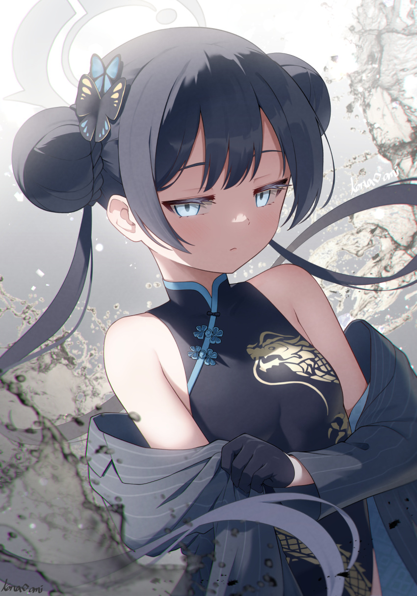 bare_shoulders black_dress black_gloves black_hair blue_archive blue_eyes breasts butterfly_hair_ornament china_dress chinese_clothes closed_mouth double_bun dragon_print dress dutch_angle expressionless female gloves grey_background grey_jacket hair_bun hair_ornament half-closed_eyes halo highres jacket jacket_partially_removed kana_ami kisaki_(blue_archive) looking_at_viewer pinstripe_jacket pinstripe_pattern print_dress short_hair_with_long_locks sleeveless sleeveless_dress small_breasts solo striped twintails upper_body