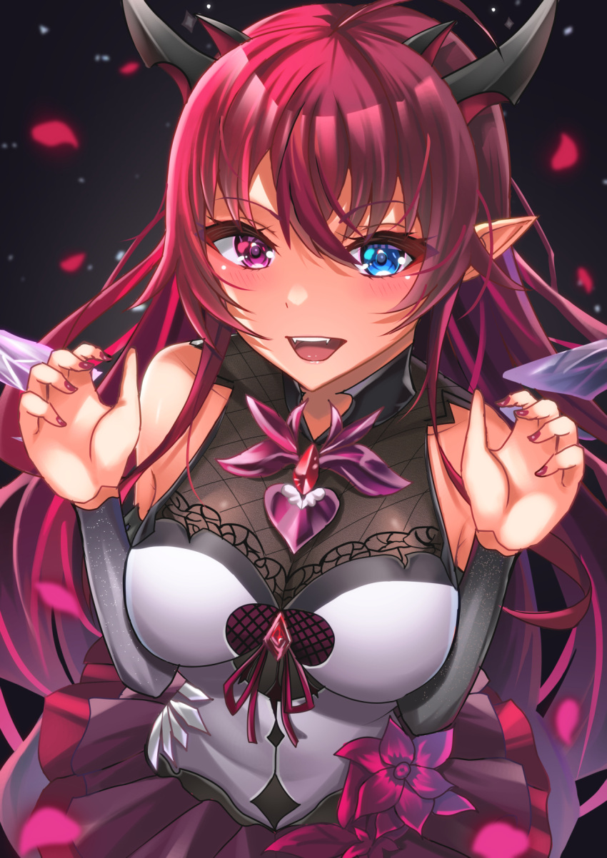 ahoge bare_shoulders black_background blue_eyes blue_hair blush breasts breasts_squeezed_together cleavage collarbone crystal_wings detached_sleeves detached_wings fangs female flower from_above hair_between_eyes heterochromia highres hololive hololive_english horns irys_(hololive) irys_(irys_1.0)_(hololive) lace_trim large_breasts long_hair looking_at_viewer multiple_horns open_mouth petals pleated_skirt pointy_ears purple_eyes purple_hair purple_nails see-through simple_background skirt smile thick_eyelashes upper_body very_long_hair virtual_youtuber wings zacky